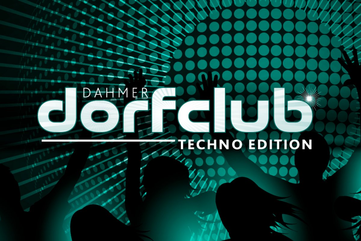 Dahmer Dorfclub Techno Edition Logo, im Hintergrund grüne Muster und tanzende Silhouetten