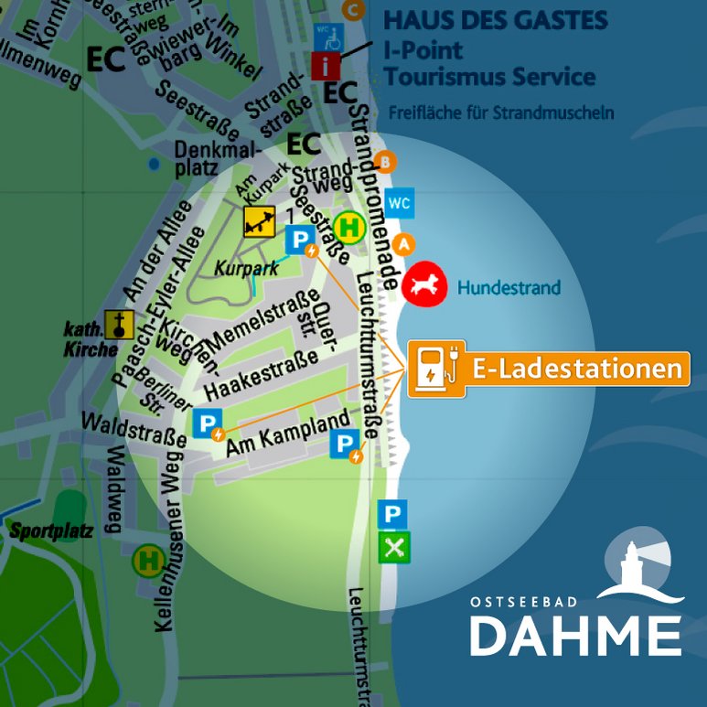 Grafik Ortsplan Dahme mit eingezeichneten E-Ladesäulen