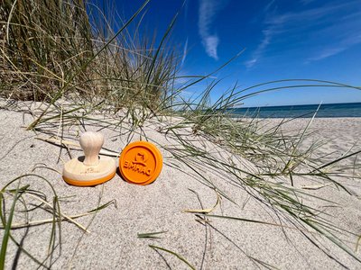 Ein Keksstempel liegt am Strand in einer Düne