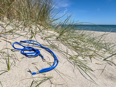 Ein blaues Schlüsselband liegt am Strand in einer Düne
